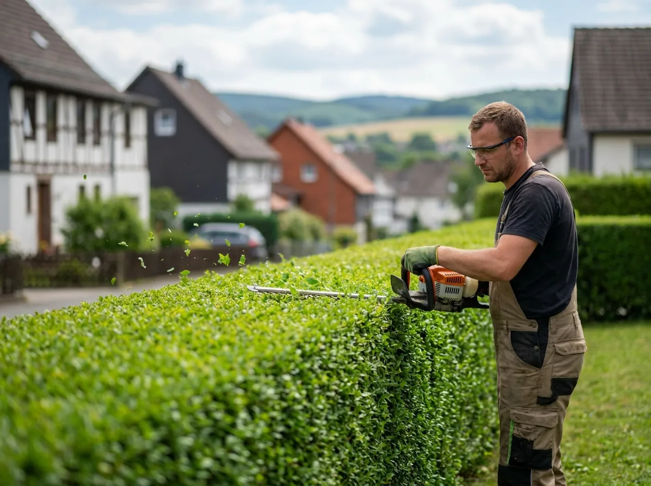 Gerade geschnittene Hecke in einer Wohnstraße.