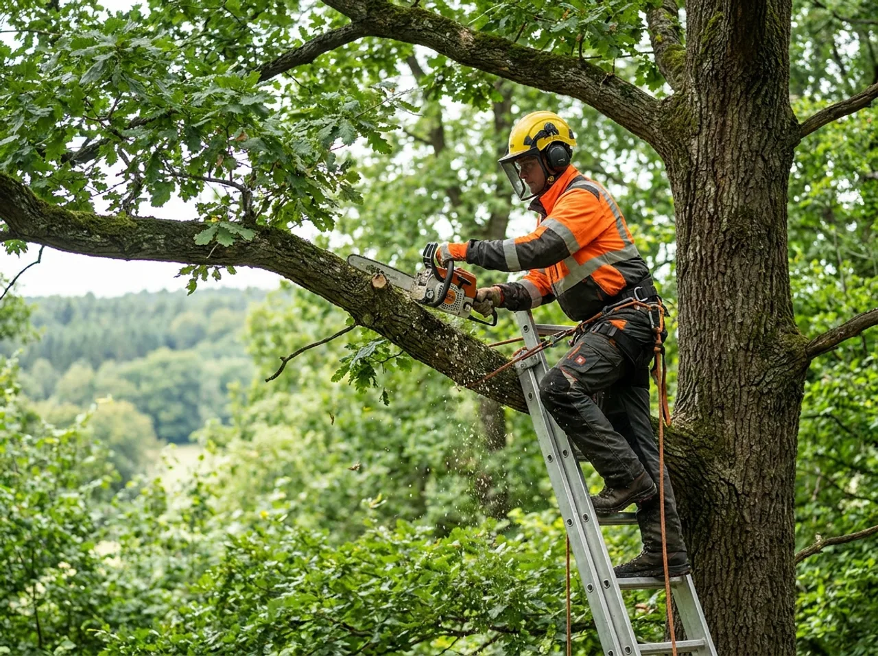 Astschnitt an einem hohen Baum mit Helm und Motorsäge.