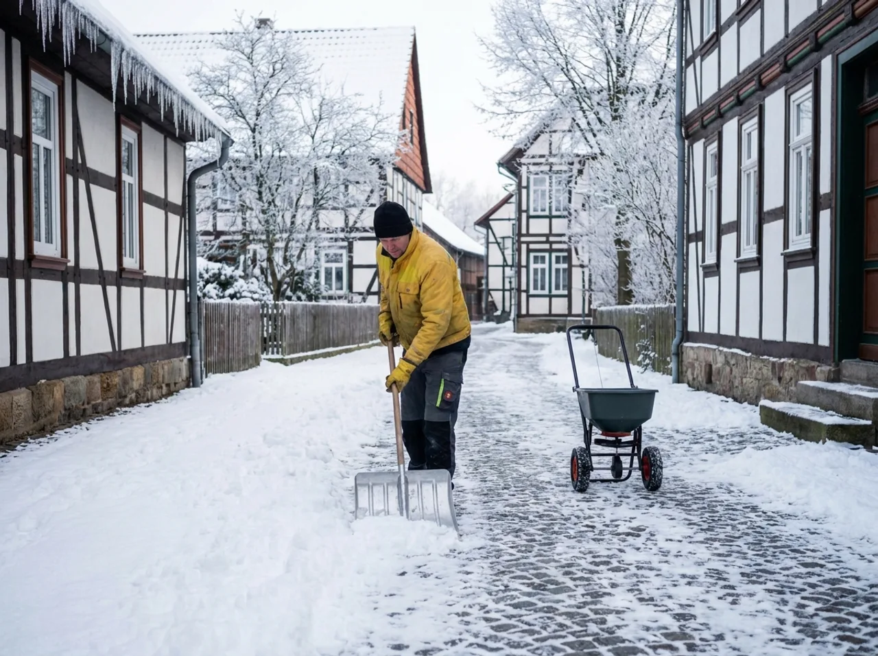Geräumter Gehweg zwischen Fachwerkhäusern im Schnee.